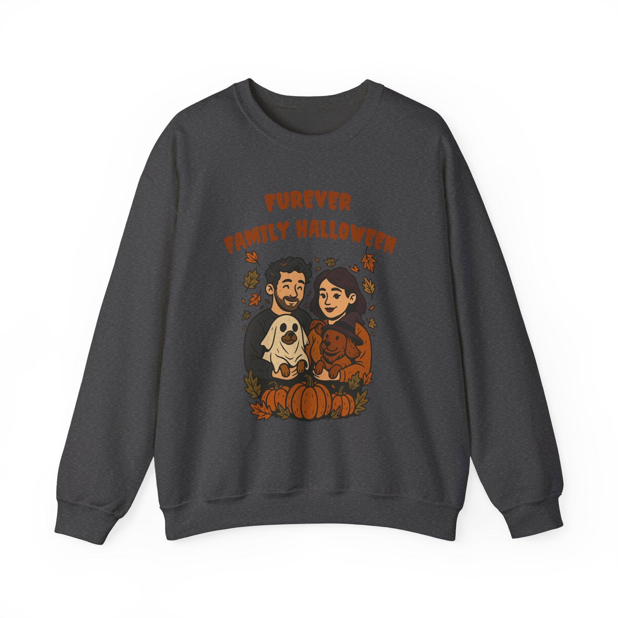Halloween Family Sweatshirt — “Furever Family Halloween” Couple & Dog Pumpkin Crewneck