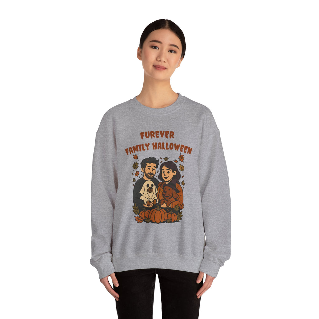 Halloween Family Sweatshirt — “Furever Family Halloween” Couple & Dog Pumpkin Crewneck
