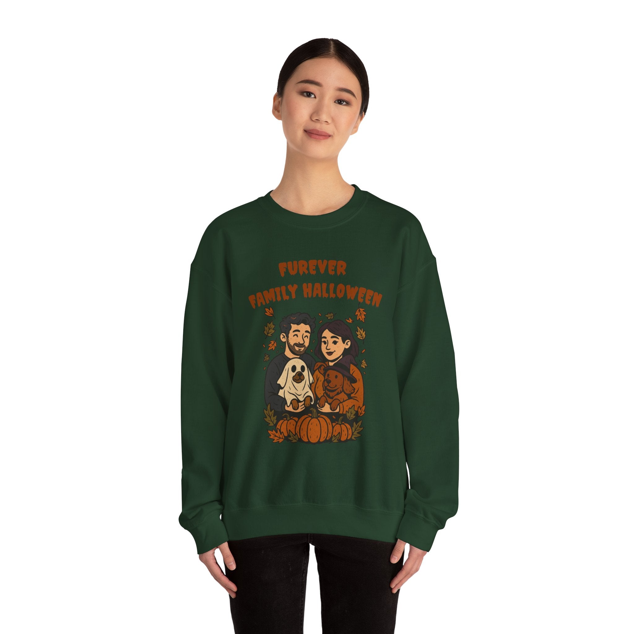 Halloween Family Sweatshirt — “Furever Family Halloween” Couple & Dog Pumpkin Crewneck
