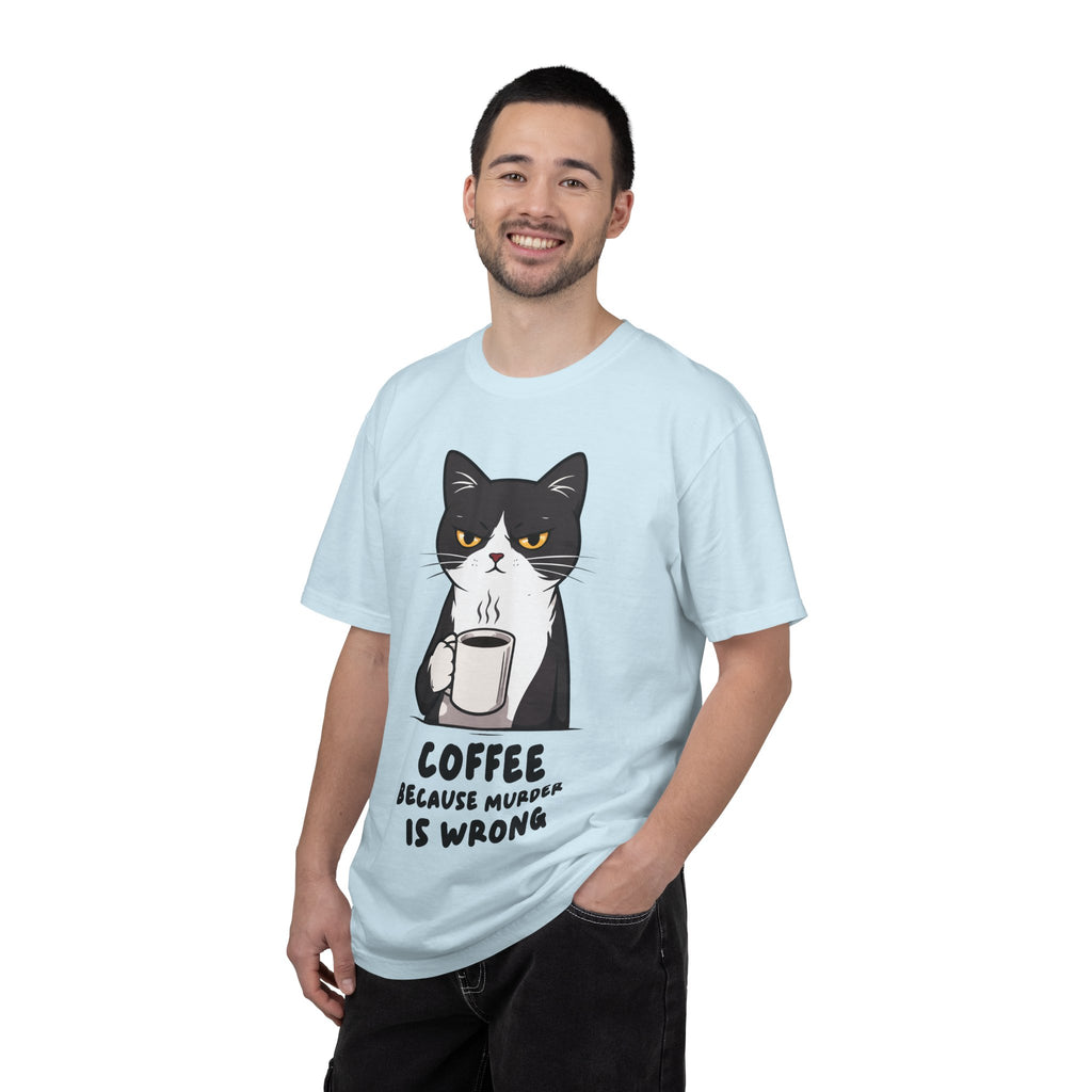 Funny Cat Coffee T-Shirt – “Coffee Because Murder Is Wrong” | Sarcastic Cat Lover Graphic Tee
