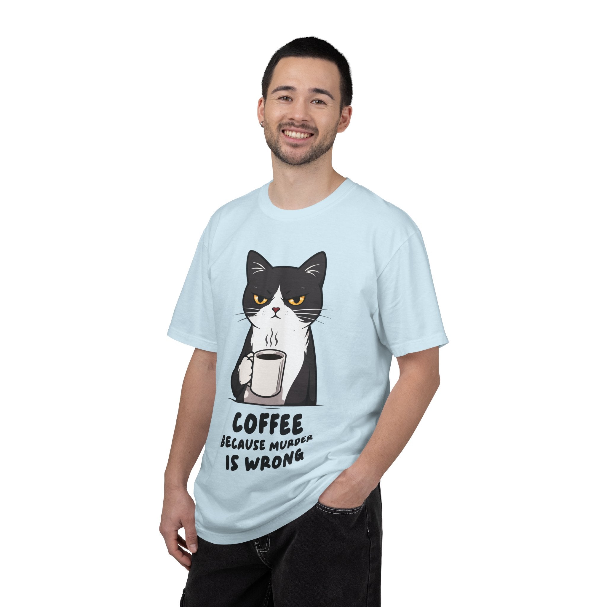 Funny Cat Coffee T-Shirt – “Coffee Because Murder Is Wrong” | Sarcastic Cat Lover Graphic Tee