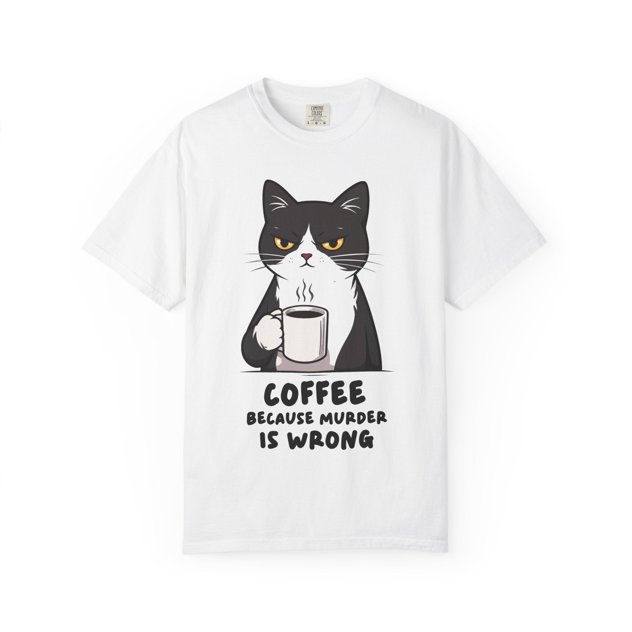 Funny Cat Coffee T-Shirt – “Coffee Because Murder Is Wrong” | Sarcastic Cat Lover Graphic Tee