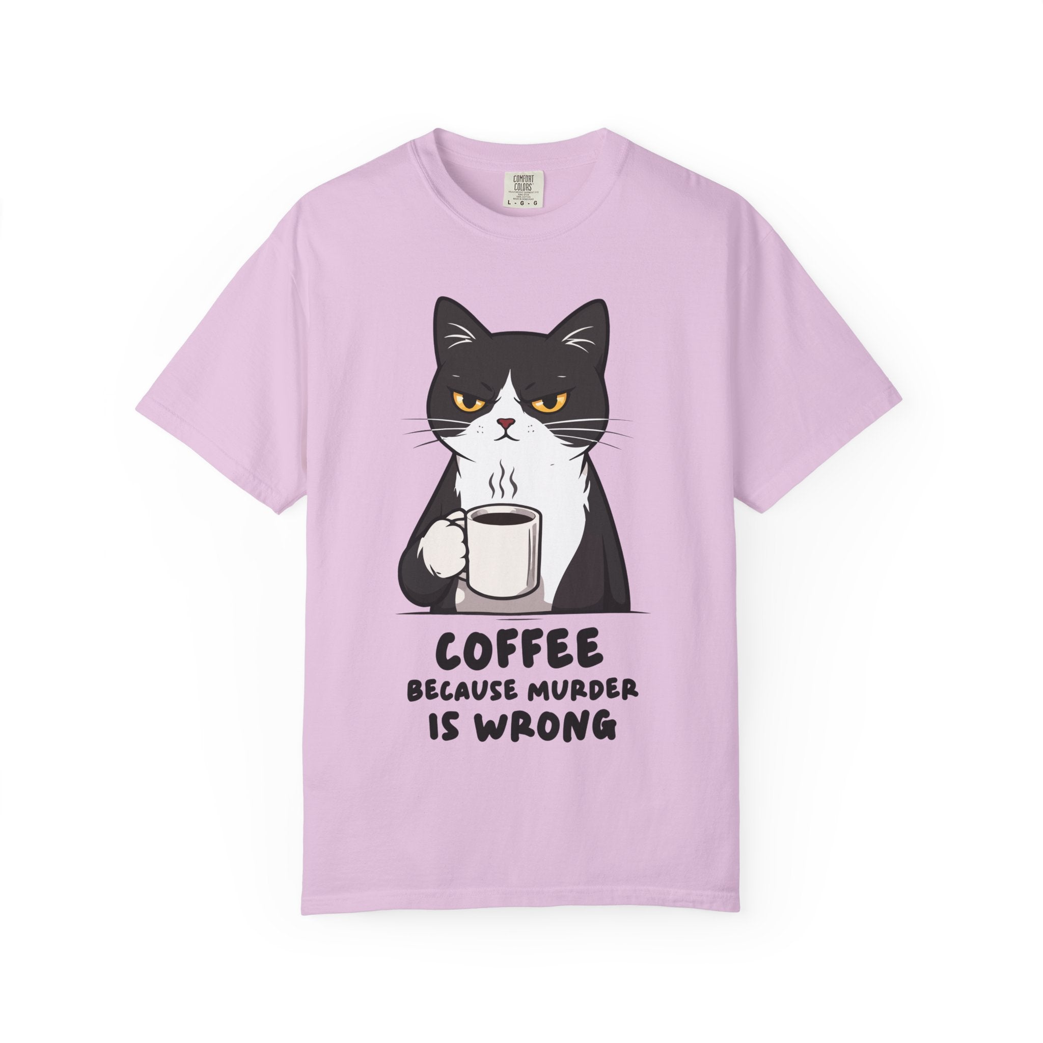 Funny Cat Coffee T-Shirt – “Coffee Because Murder Is Wrong” | Sarcastic Cat Lover Graphic Tee