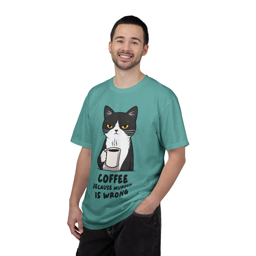Funny Cat Coffee T-Shirt – “Coffee Because Murder Is Wrong” | Sarcastic Cat Lover Graphic Tee