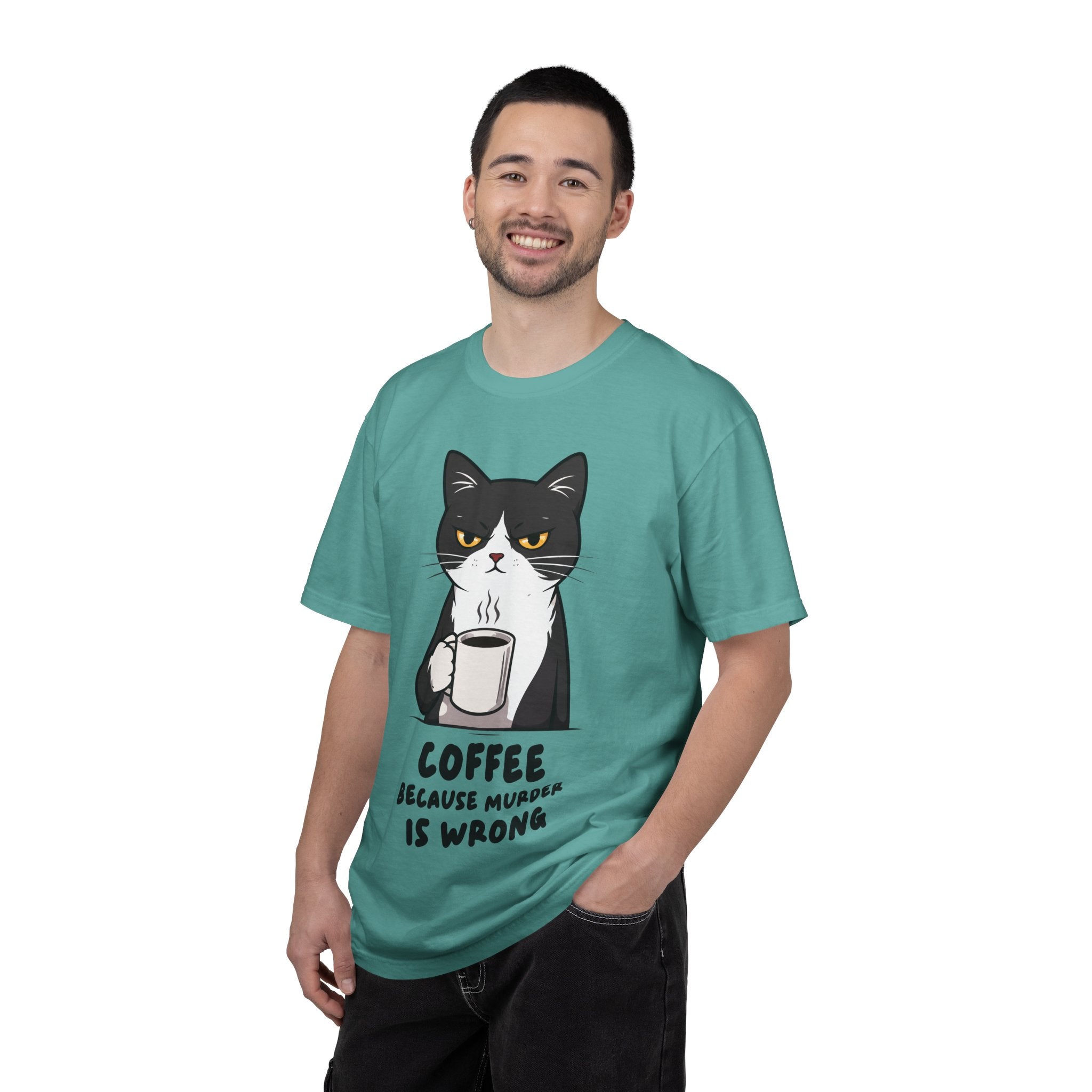 Funny Cat Coffee T-Shirt – “Coffee Because Murder Is Wrong” | Sarcastic Cat Lover Graphic Tee