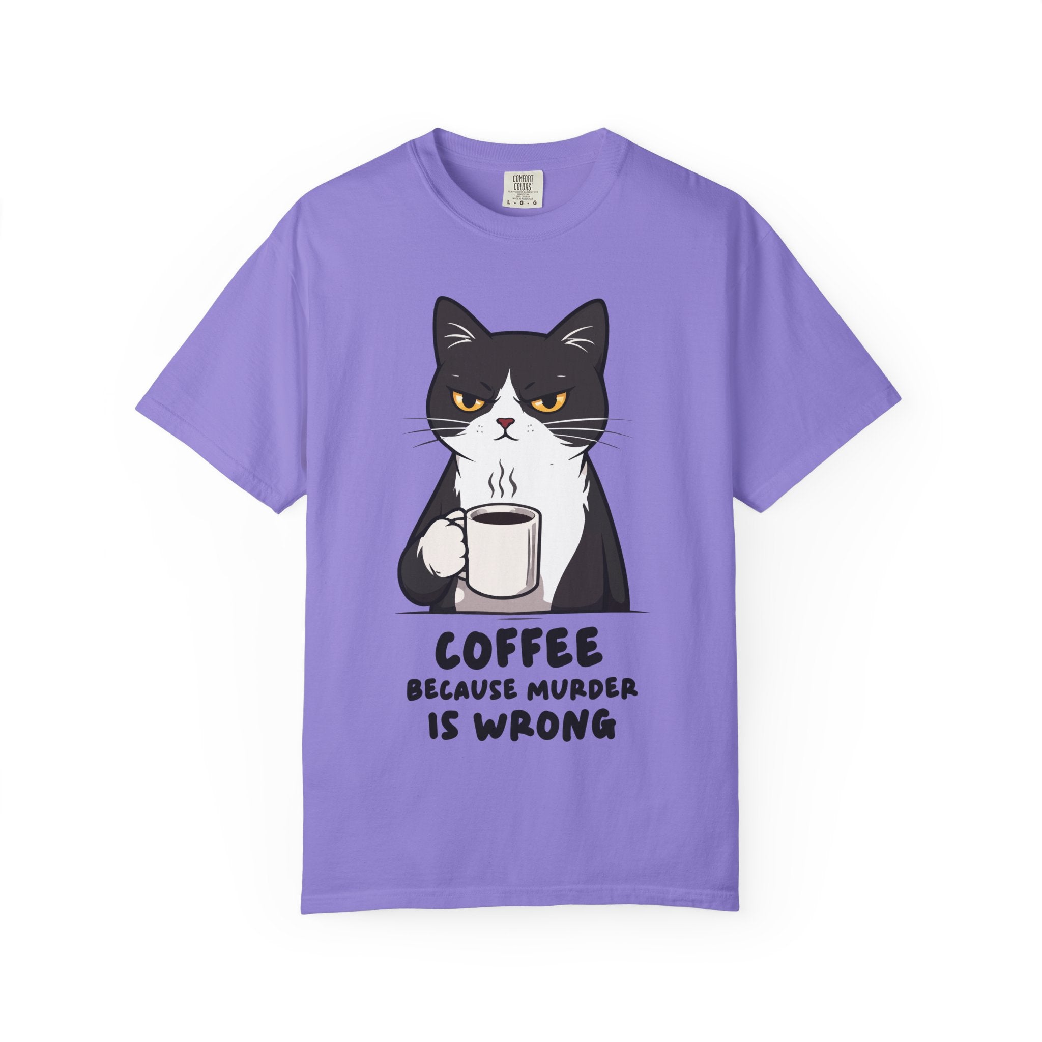 Funny Cat Coffee T-Shirt – “Coffee Because Murder Is Wrong” | Sarcastic Cat Lover Graphic Tee
