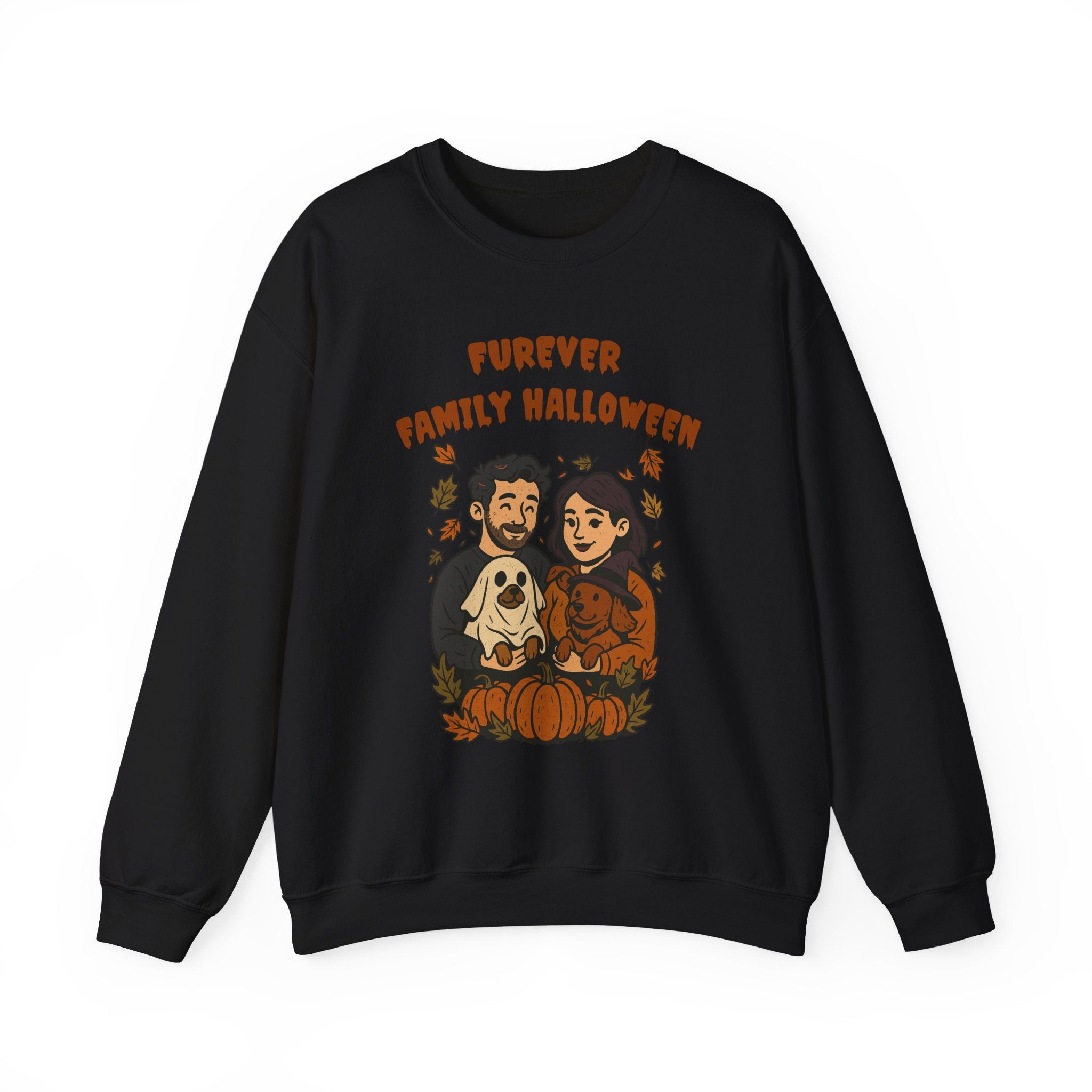 Halloween Family Sweatshirt — “Furever Family Halloween” Couple & Dog Pumpkin Crewneck