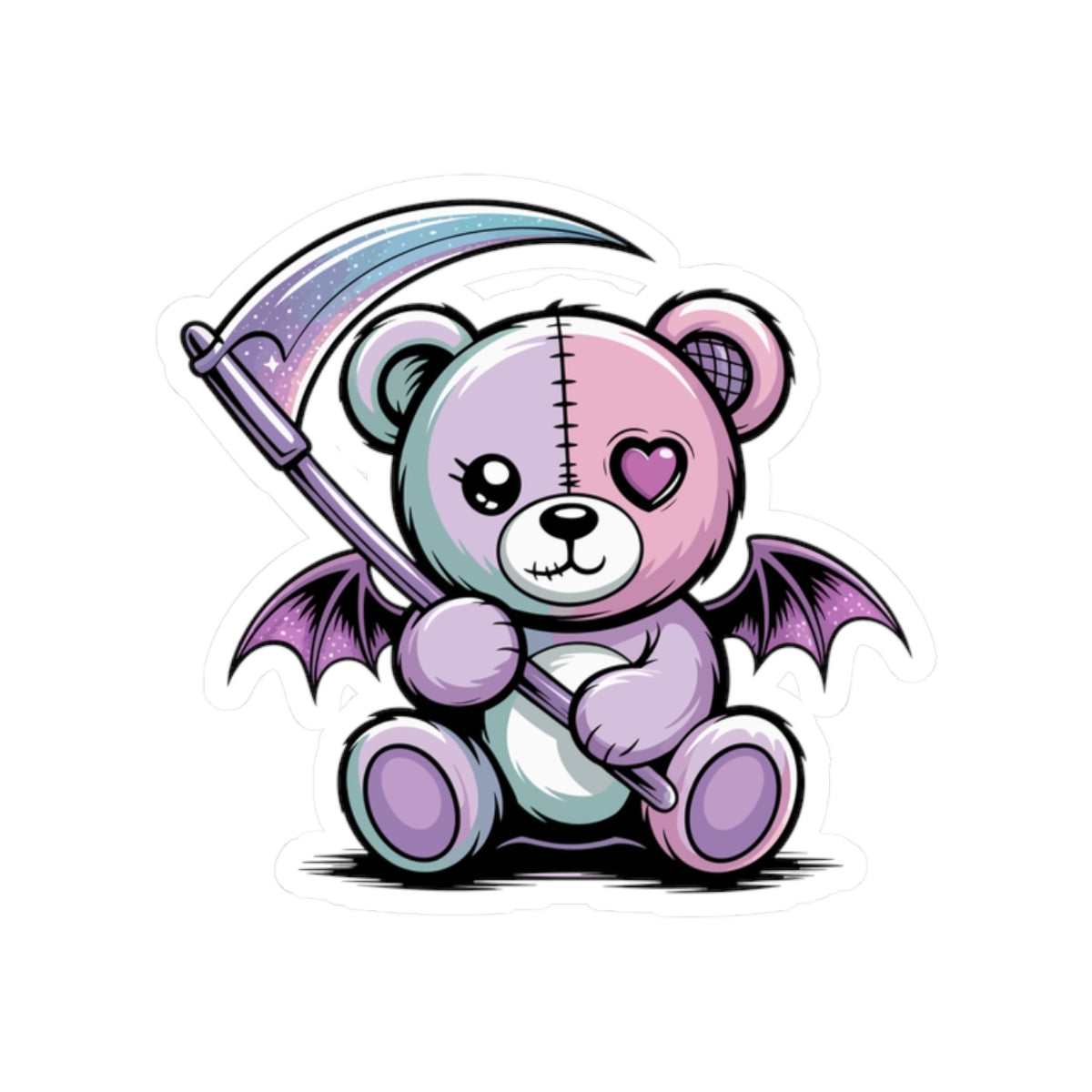Cute Pastel Goth Teddy Bear Sticker – Creepy Cute Winged Bear with Scythe | Kawaii Goth Vinyl Decal