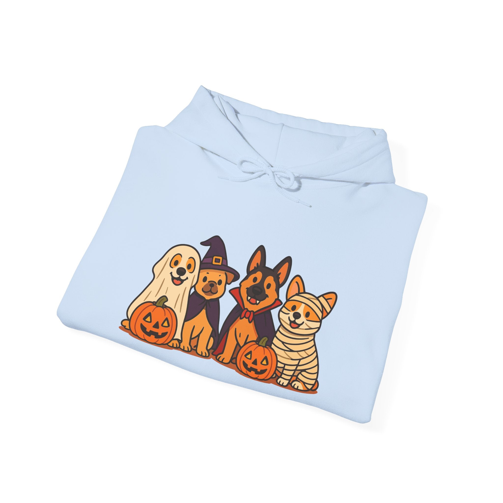 Halloween Dogs Hoodie – Cute Puppies with Pumpkins & Witch Hat Sweatshirt