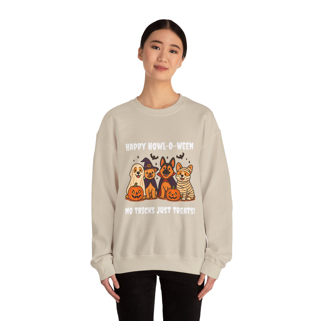 Funny Dog Halloween Sweatshirt – Happy Howl-O-Ween Dog Costume Graphic Sweatshirt | Cute Dog Halloween Party Sweatshirt
