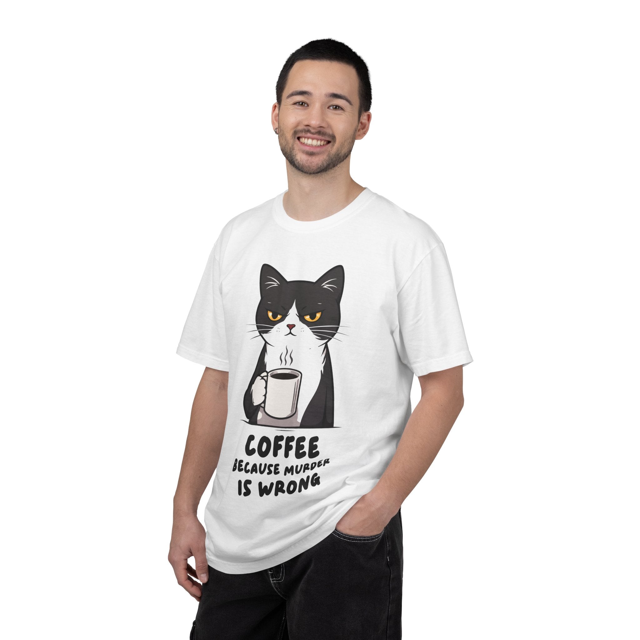 Funny Cat Coffee T-Shirt – “Coffee Because Murder Is Wrong” | Sarcastic Cat Lover Graphic Tee