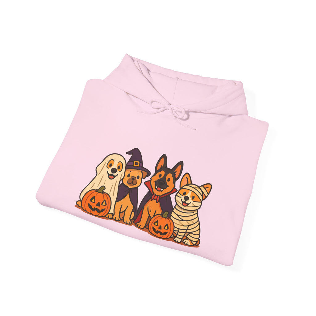 Halloween Dogs Hoodie – Cute Puppies with Pumpkins & Witch Hat Sweatshirt