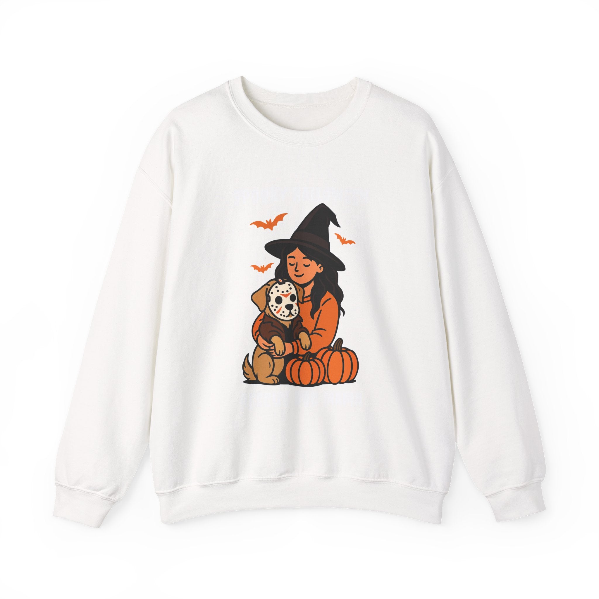 Witch Girl with Pumpkin & Dog Sweatshirt — Cute Halloween Crewneck