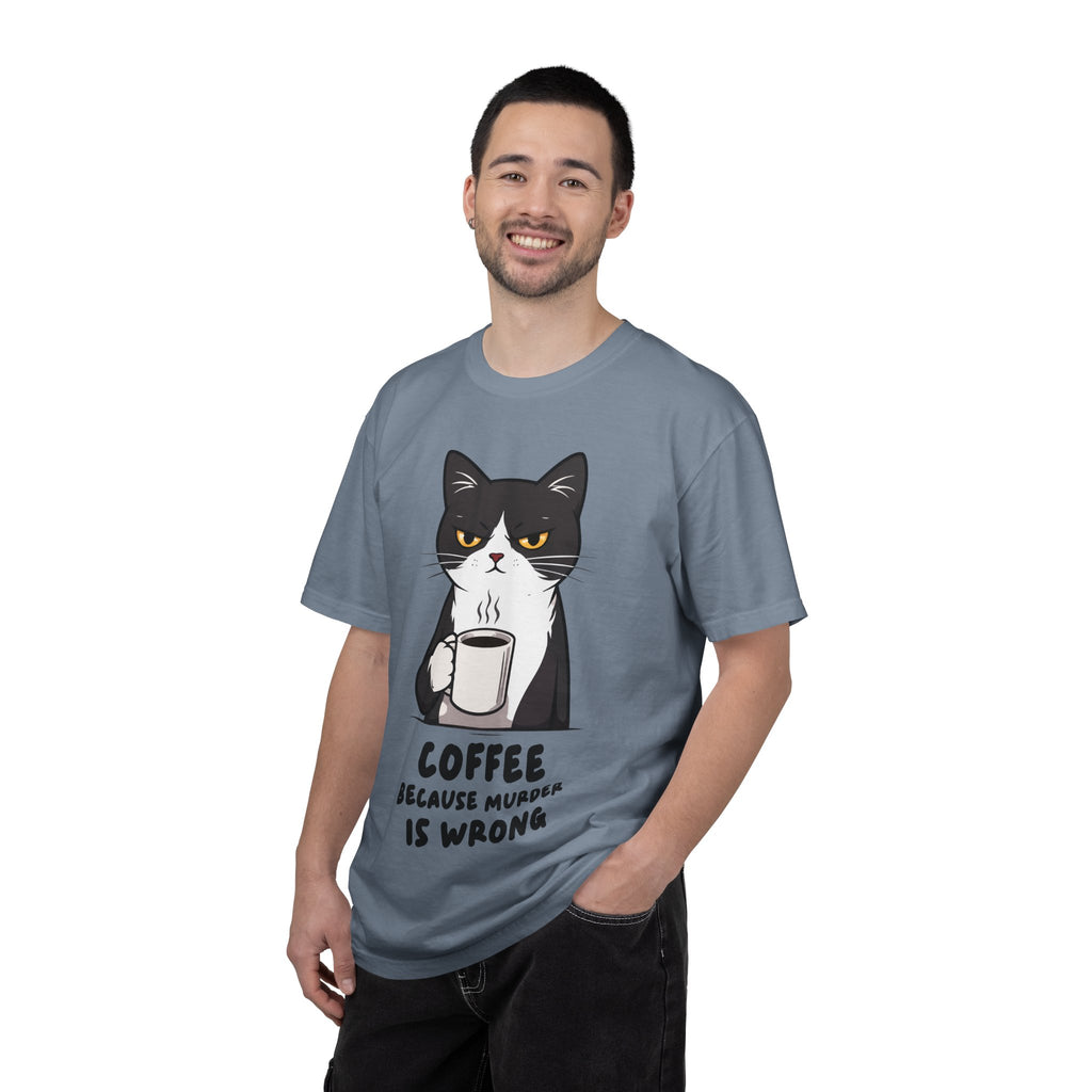 Funny Cat Coffee T-Shirt – “Coffee Because Murder Is Wrong” | Sarcastic Cat Lover Graphic Tee