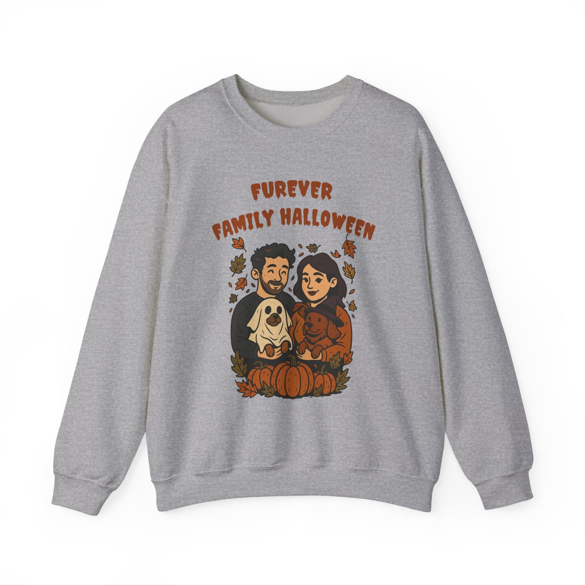 Halloween Family Sweatshirt — “Furever Family Halloween” Couple & Dog Pumpkin Crewneck