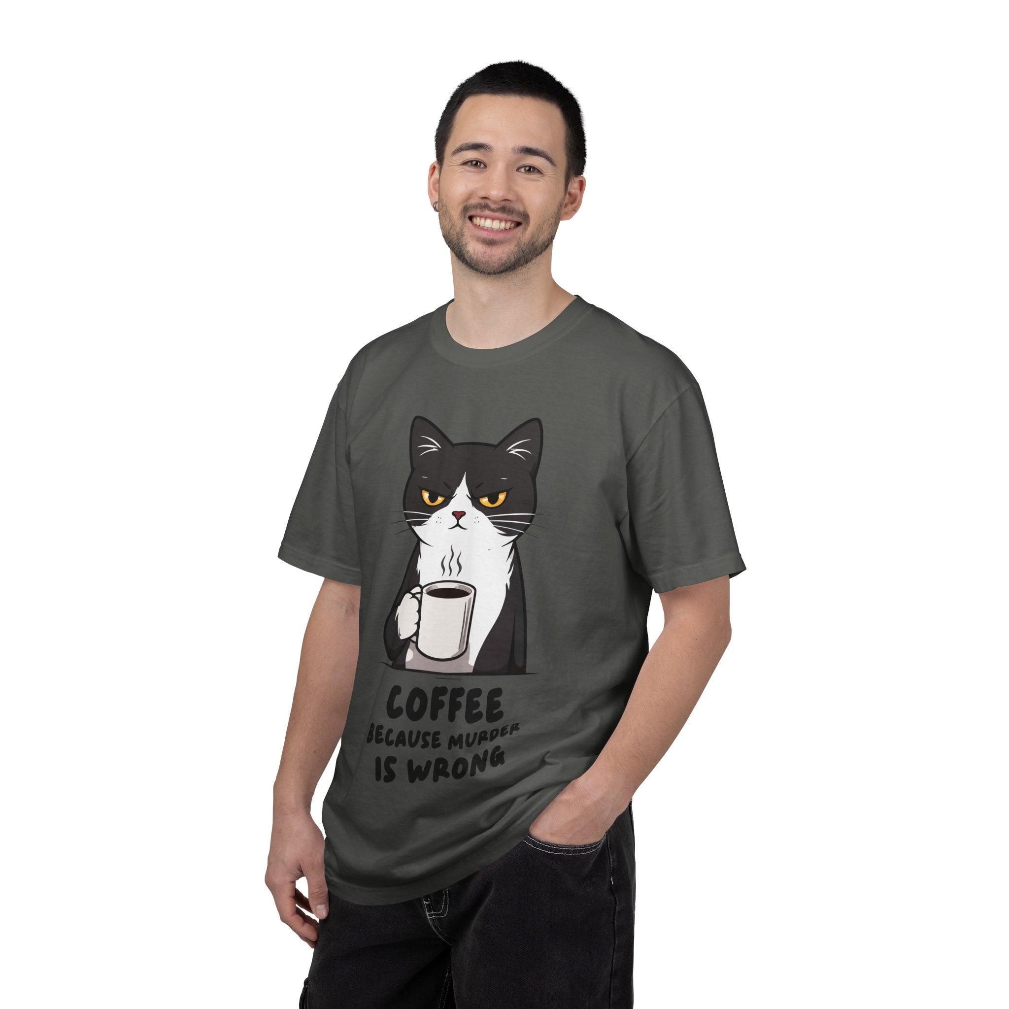Funny Cat Coffee T-Shirt – “Coffee Because Murder Is Wrong” | Sarcastic Cat Lover Graphic Tee