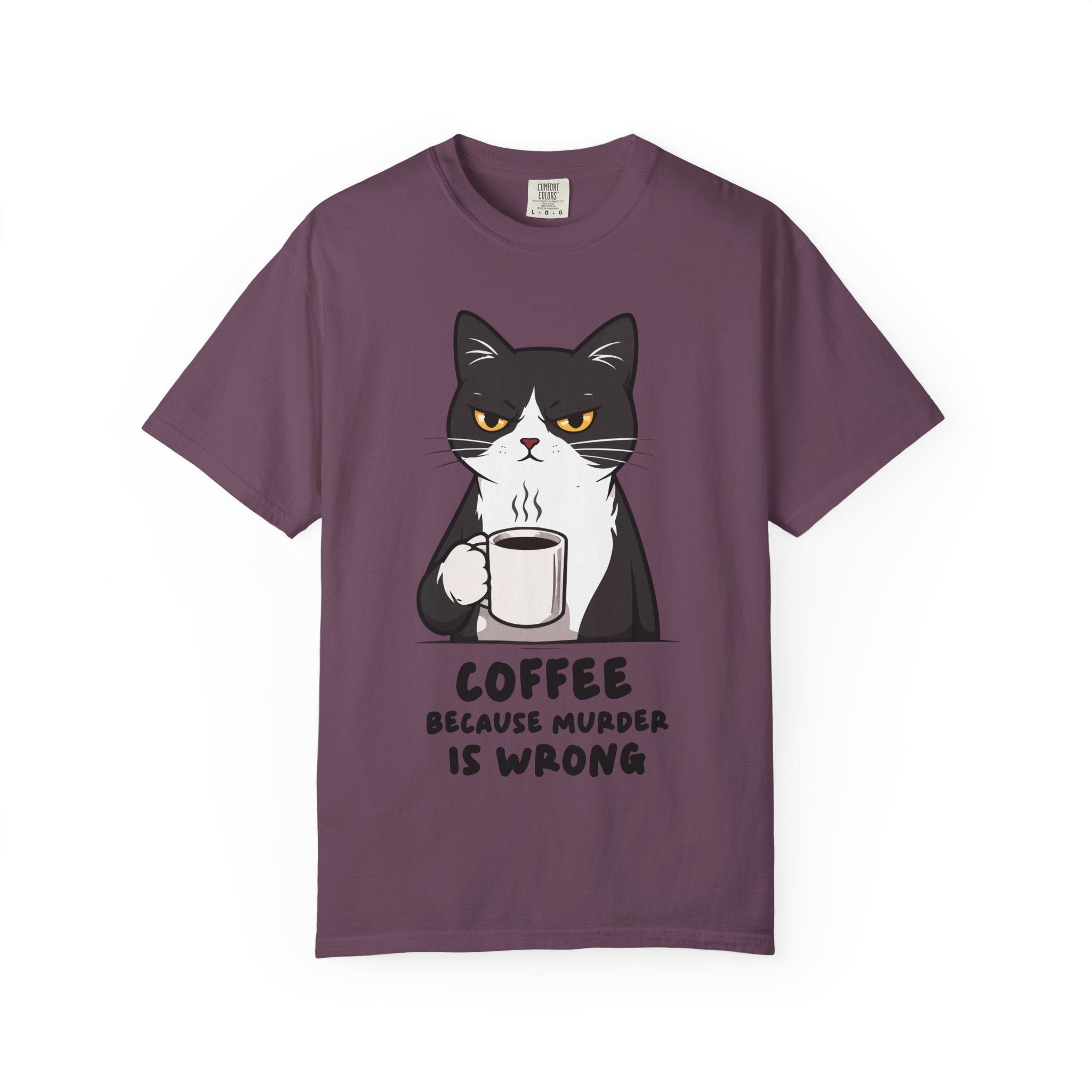 Funny Cat Coffee T-Shirt – “Coffee Because Murder Is Wrong” | Sarcastic Cat Lover Graphic Tee