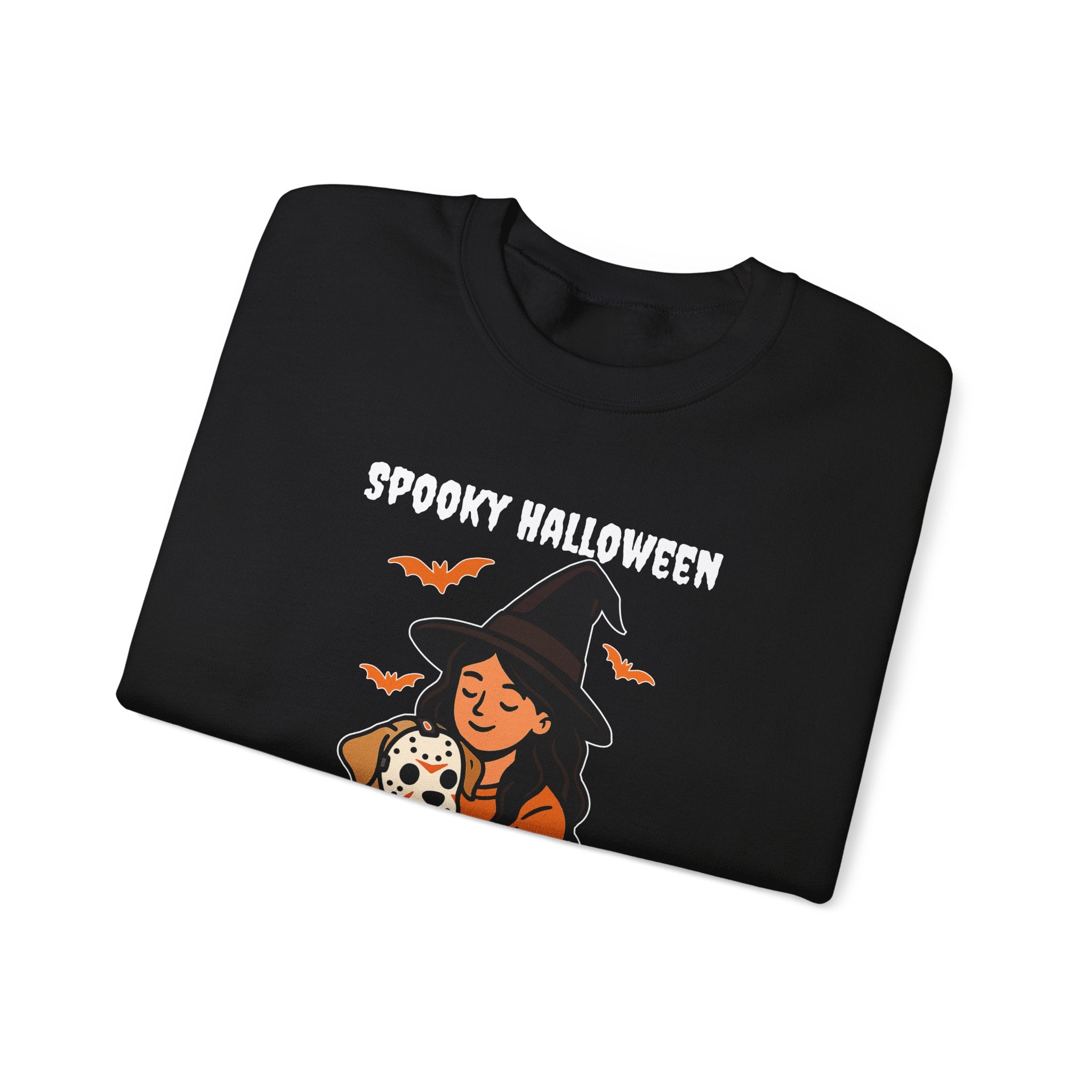 Witch Girl with Pumpkin & Dog Sweatshirt — Cute Halloween Crewneck