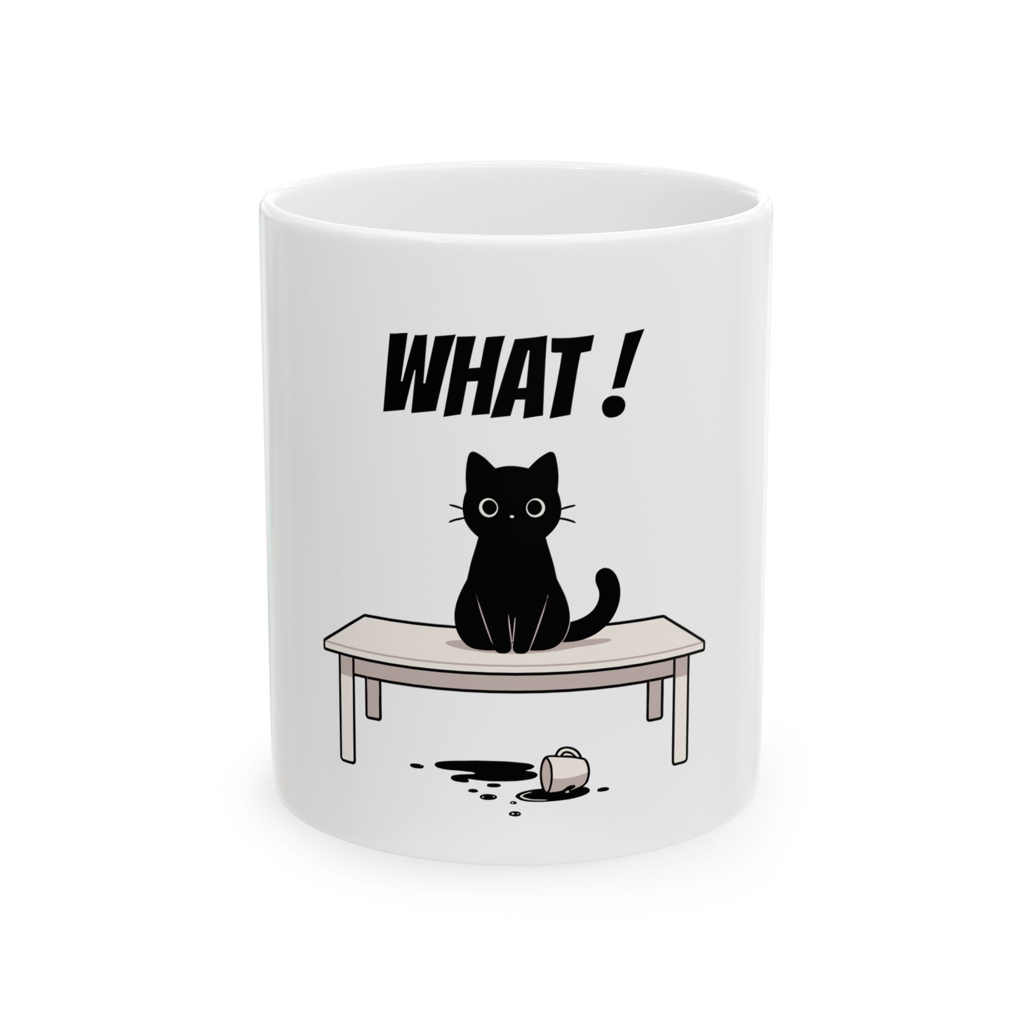 Funny Cat Coffee Mug – Spilled Coffee “What..” Cat Illustration | Cute Cat Lover Gift