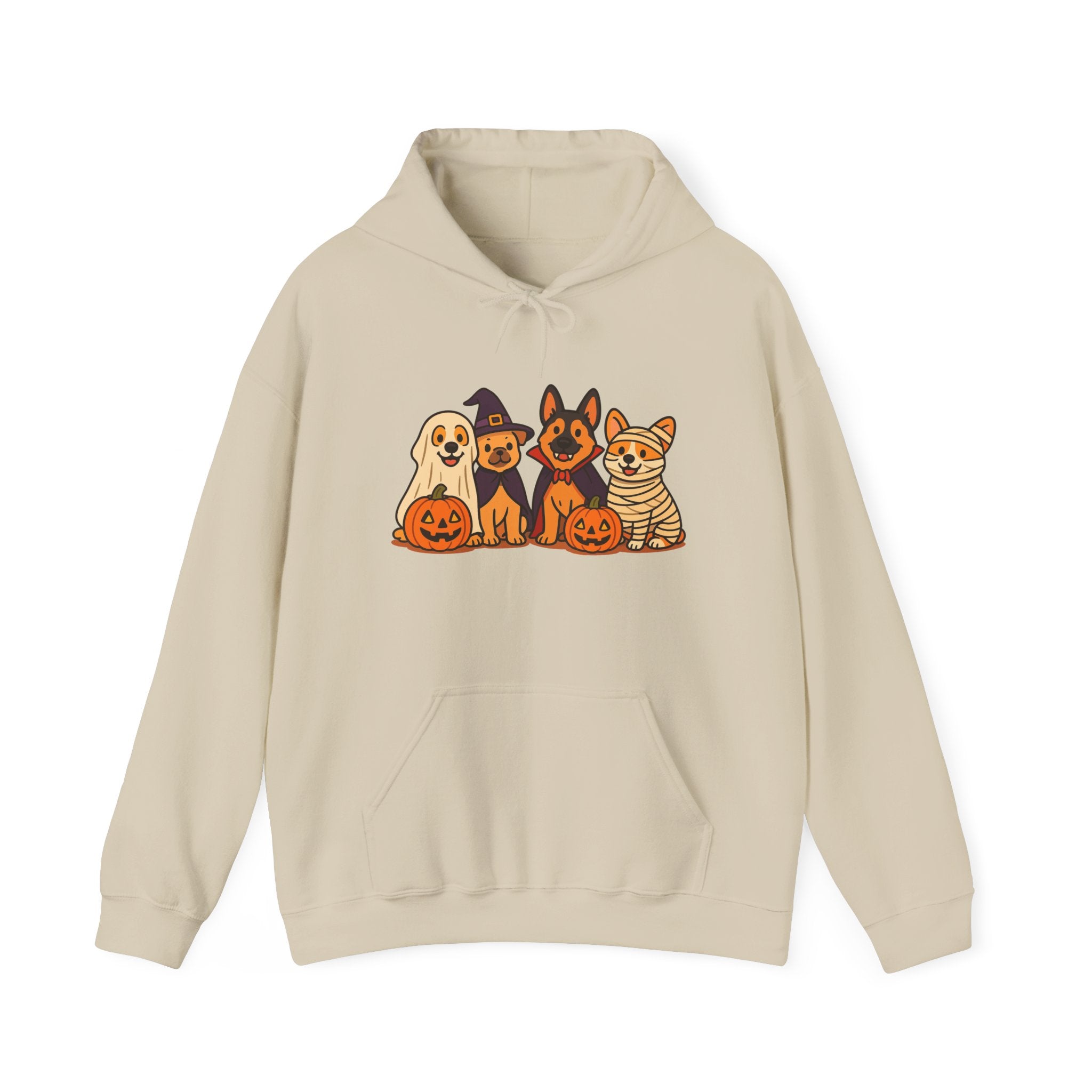 Halloween Dogs Hoodie – Cute Puppies with Pumpkins & Witch Hat Sweatshirt