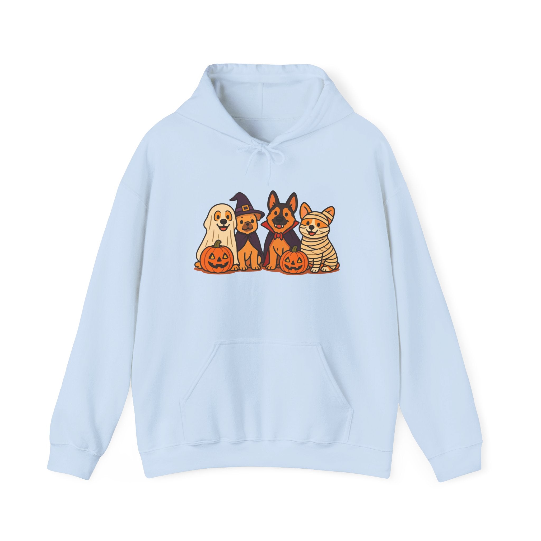 Halloween Dogs Hoodie – Cute Puppies with Pumpkins & Witch Hat Sweatshirt