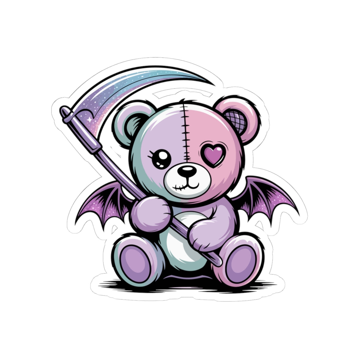 Cute Pastel Goth Teddy Bear Sticker – Creepy Cute Winged Bear with Scythe | Kawaii Goth Vinyl Decal