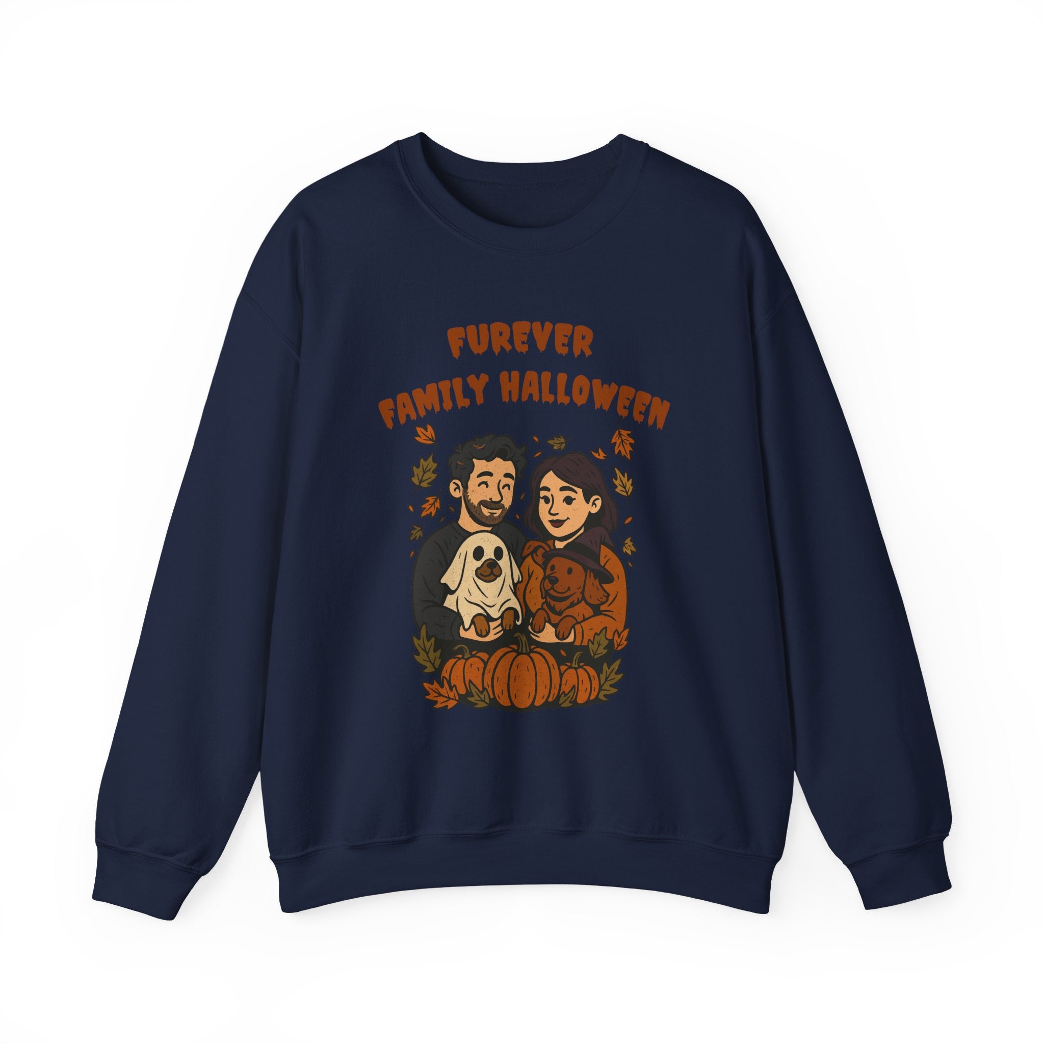 Halloween Family Sweatshirt — “Furever Family Halloween” Couple & Dog Pumpkin Crewneck