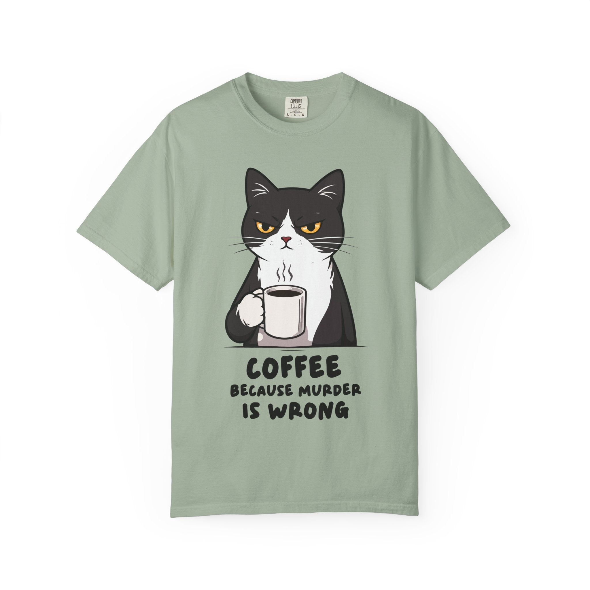 Funny Cat Coffee T-Shirt – “Coffee Because Murder Is Wrong” | Sarcastic Cat Lover Graphic Tee