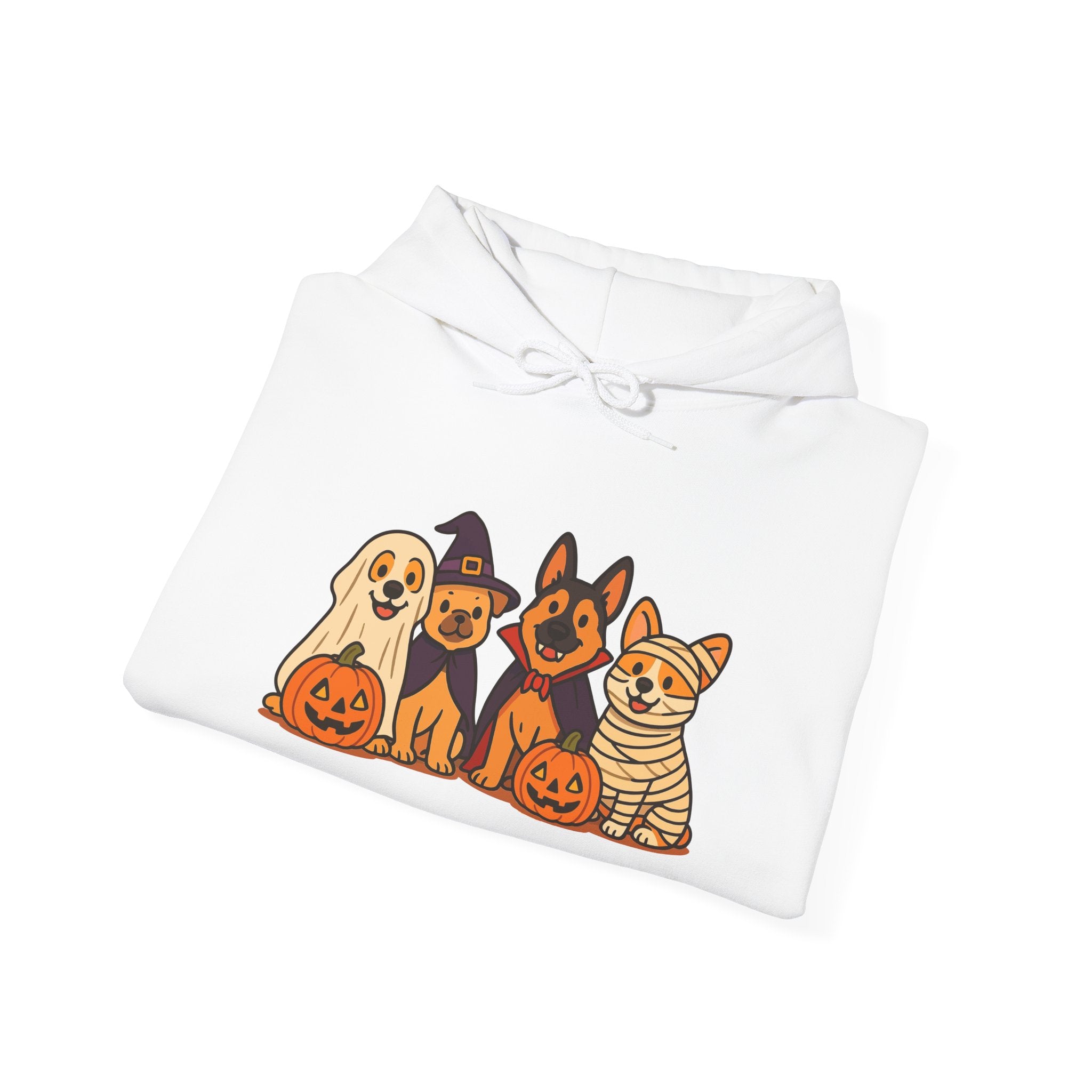 Halloween Dogs Hoodie – Cute Puppies with Pumpkins & Witch Hat Sweatshirt