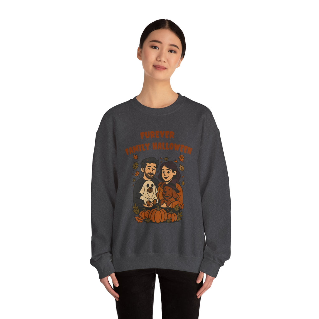 Halloween Family Sweatshirt — “Furever Family Halloween” Couple & Dog Pumpkin Crewneck