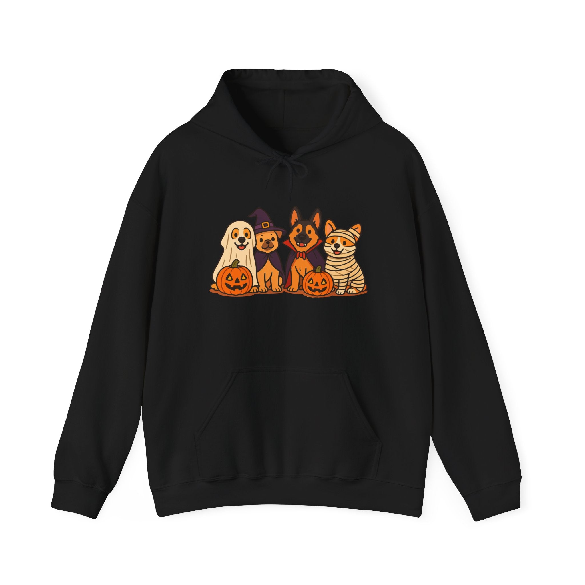 Halloween Dogs Hoodie – Cute Puppies with Pumpkins & Witch Hat Sweatshirt