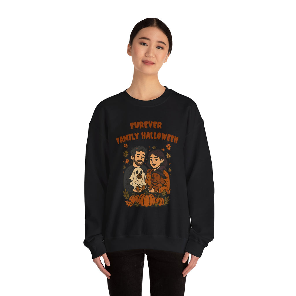 Halloween Family Sweatshirt — “Furever Family Halloween” Couple & Dog Pumpkin Crewneck