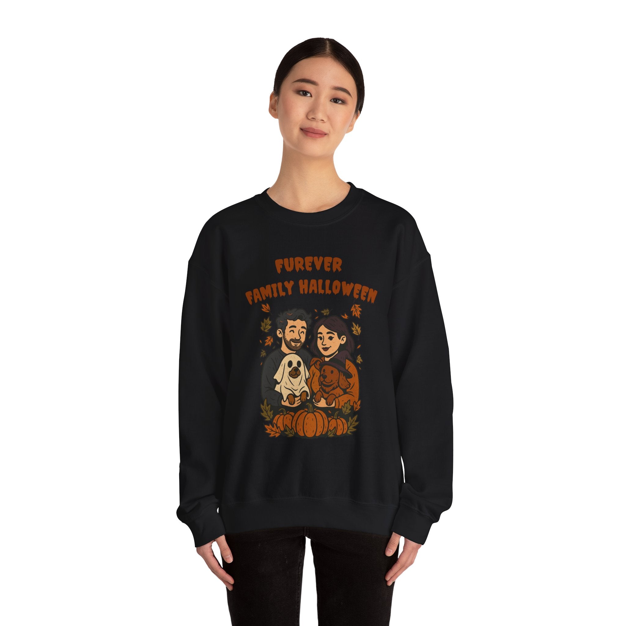 Halloween Family Sweatshirt — “Furever Family Halloween” Couple & Dog Pumpkin Crewneck