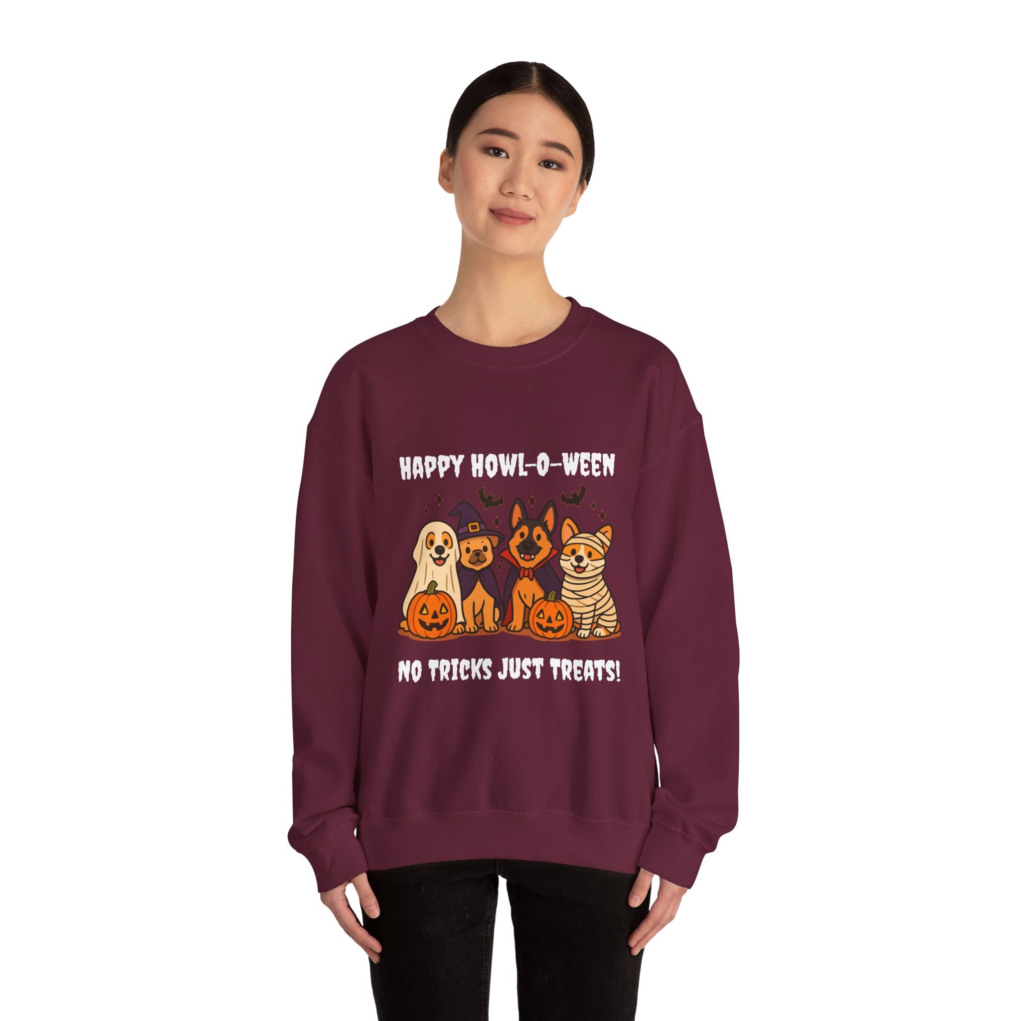 Funny Dog Halloween Sweatshirt – Happy Howl-O-Ween Dog Costume Graphic Sweatshirt | Cute Dog Halloween Party Sweatshirt