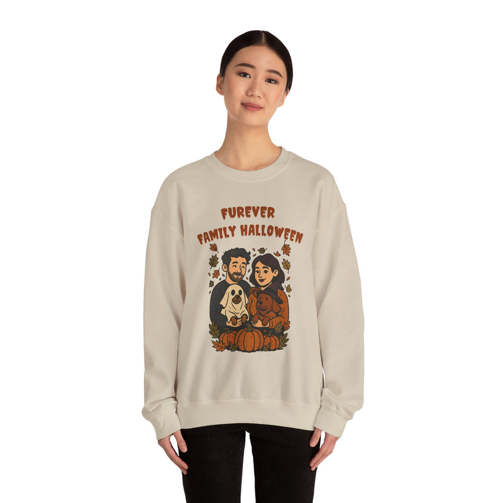 Halloween Family Sweatshirt — “Furever Family Halloween” Couple & Dog Pumpkin Crewneck