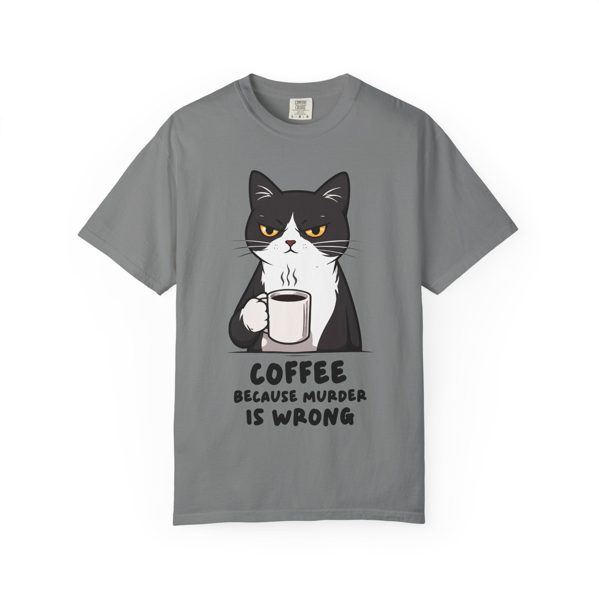 Funny Cat Coffee T-Shirt – “Coffee Because Murder Is Wrong” | Sarcastic Cat Lover Graphic Tee