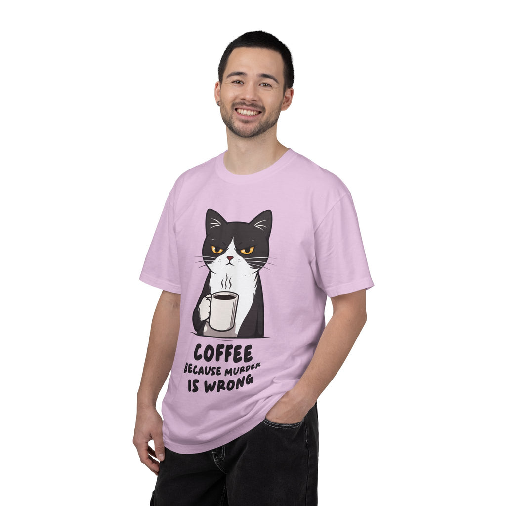 Funny Cat Coffee T-Shirt – “Coffee Because Murder Is Wrong” | Sarcastic Cat Lover Graphic Tee