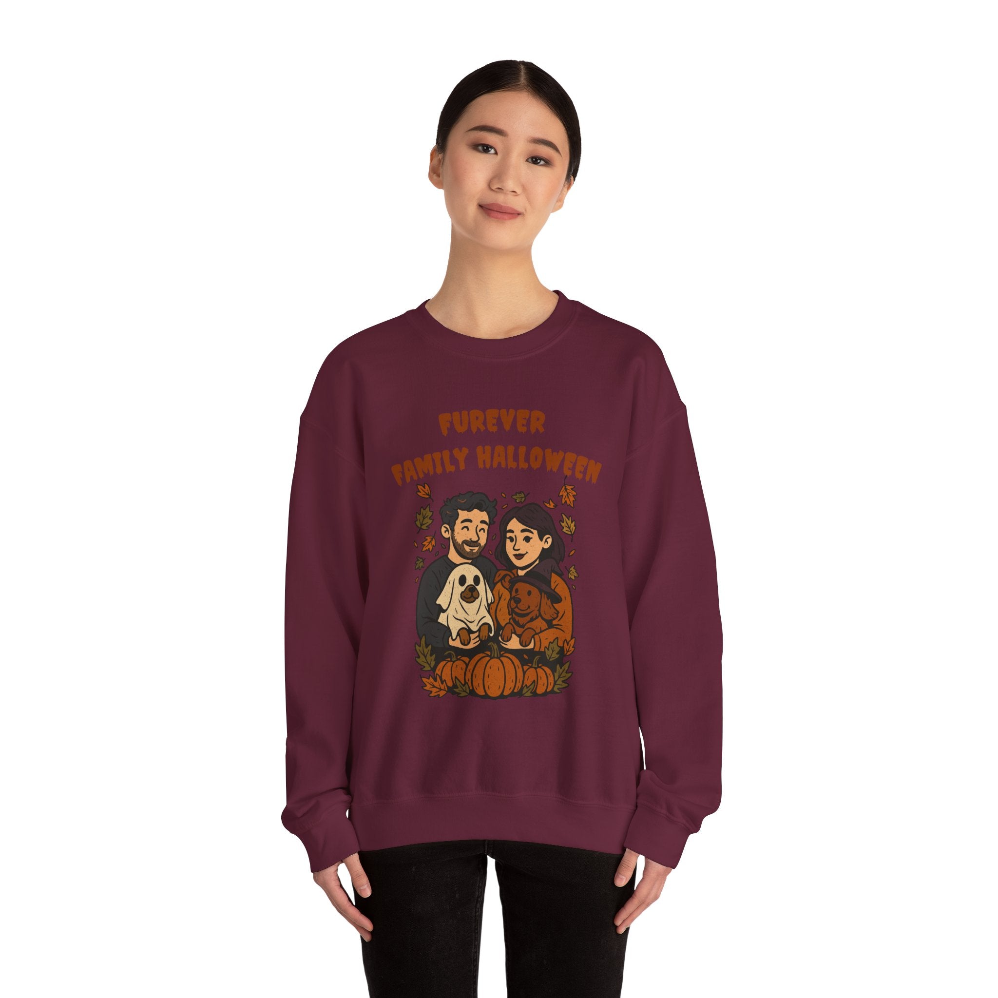 Halloween Family Sweatshirt — “Furever Family Halloween” Couple & Dog Pumpkin Crewneck