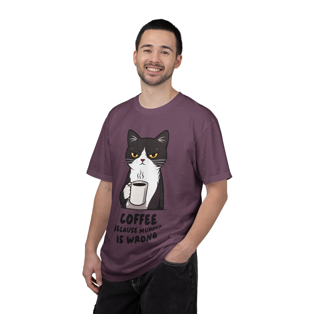 Funny Cat Coffee T-Shirt – “Coffee Because Murder Is Wrong” | Sarcastic Cat Lover Graphic Tee