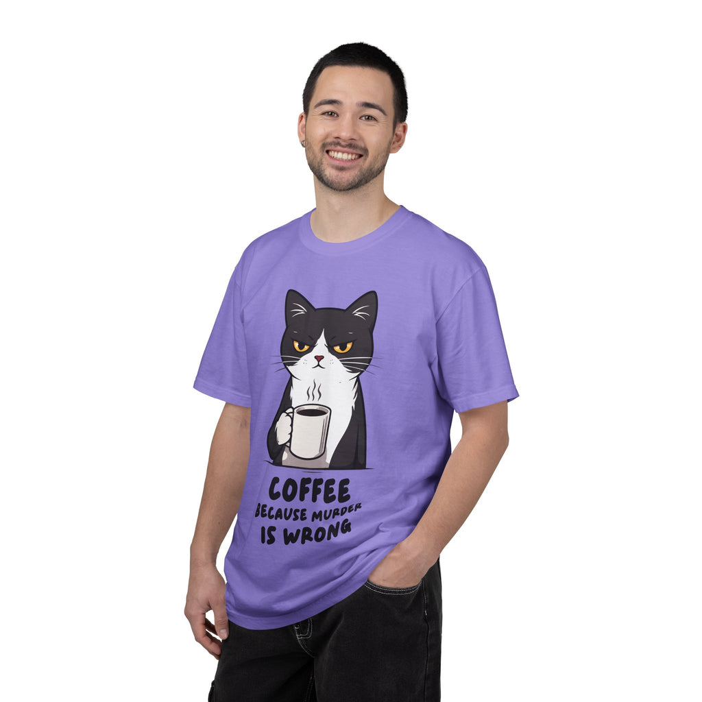 Funny Cat Coffee T-Shirt – “Coffee Because Murder Is Wrong” | Sarcastic Cat Lover Graphic Tee