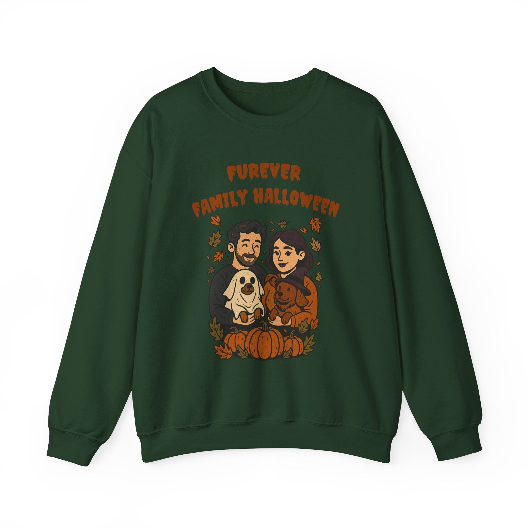 Halloween Family Sweatshirt — “Furever Family Halloween” Couple & Dog Pumpkin Crewneck