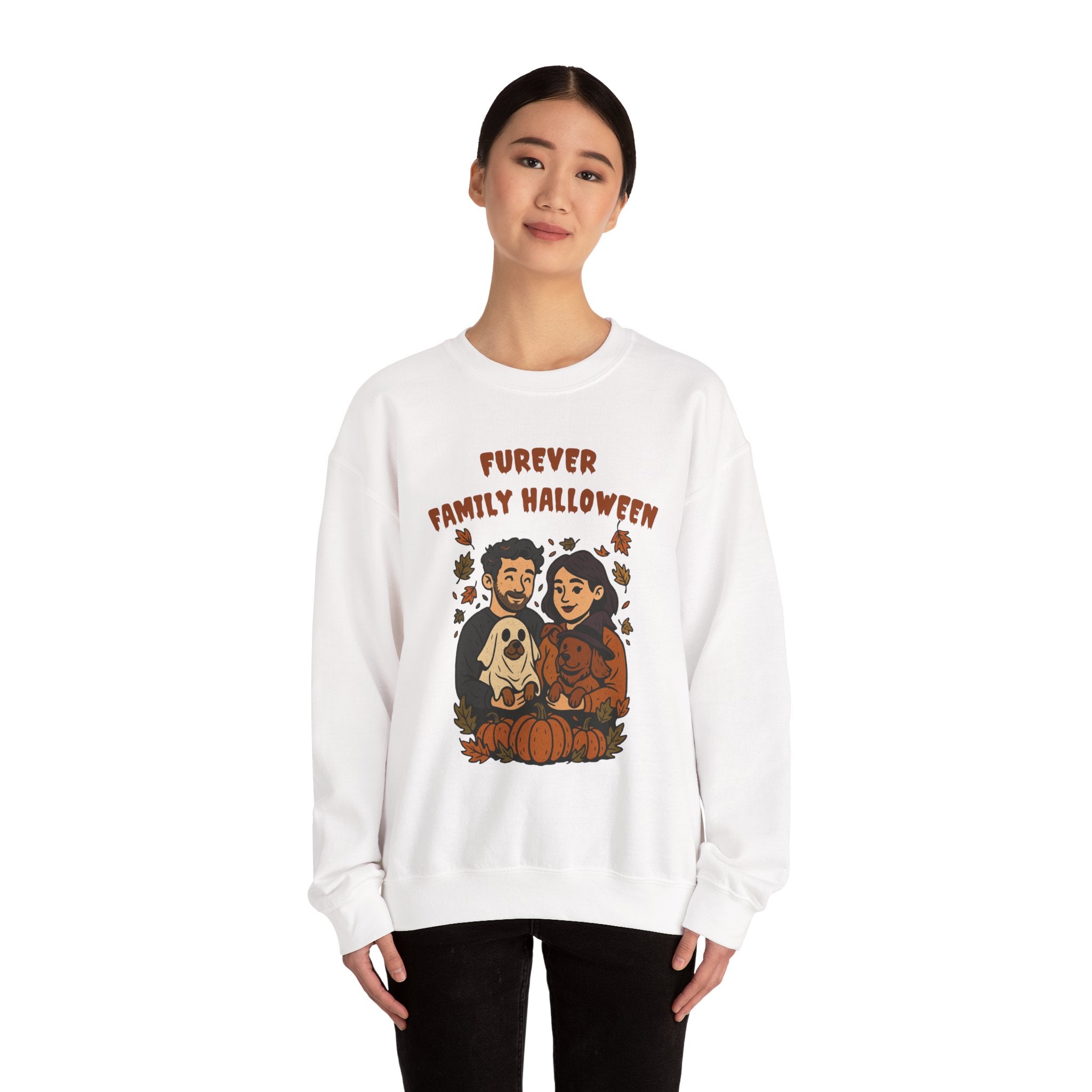 Halloween Family Sweatshirt — “Furever Family Halloween” Couple & Dog Pumpkin Crewneck