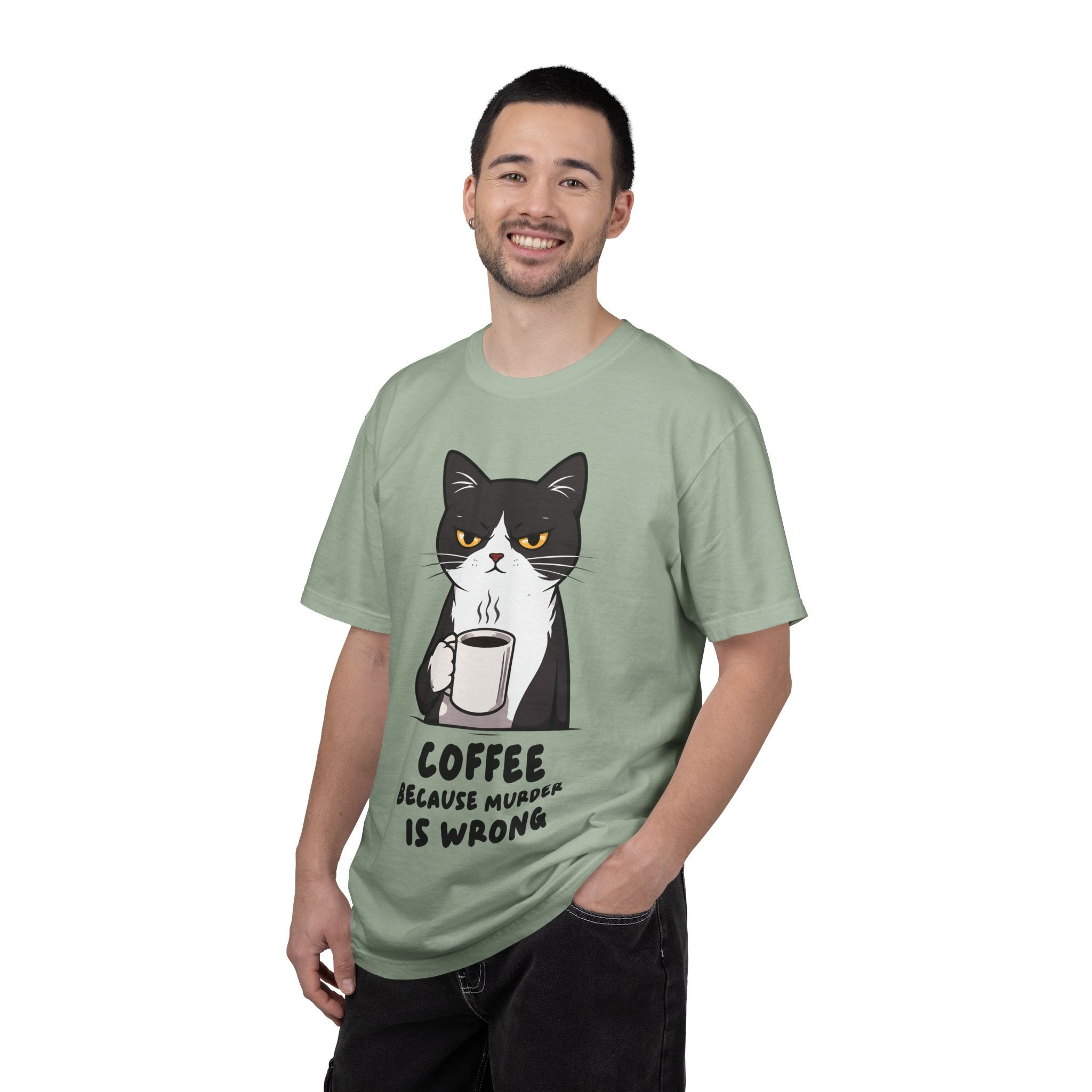 Funny Cat Coffee T-Shirt – “Coffee Because Murder Is Wrong” | Sarcastic Cat Lover Graphic Tee