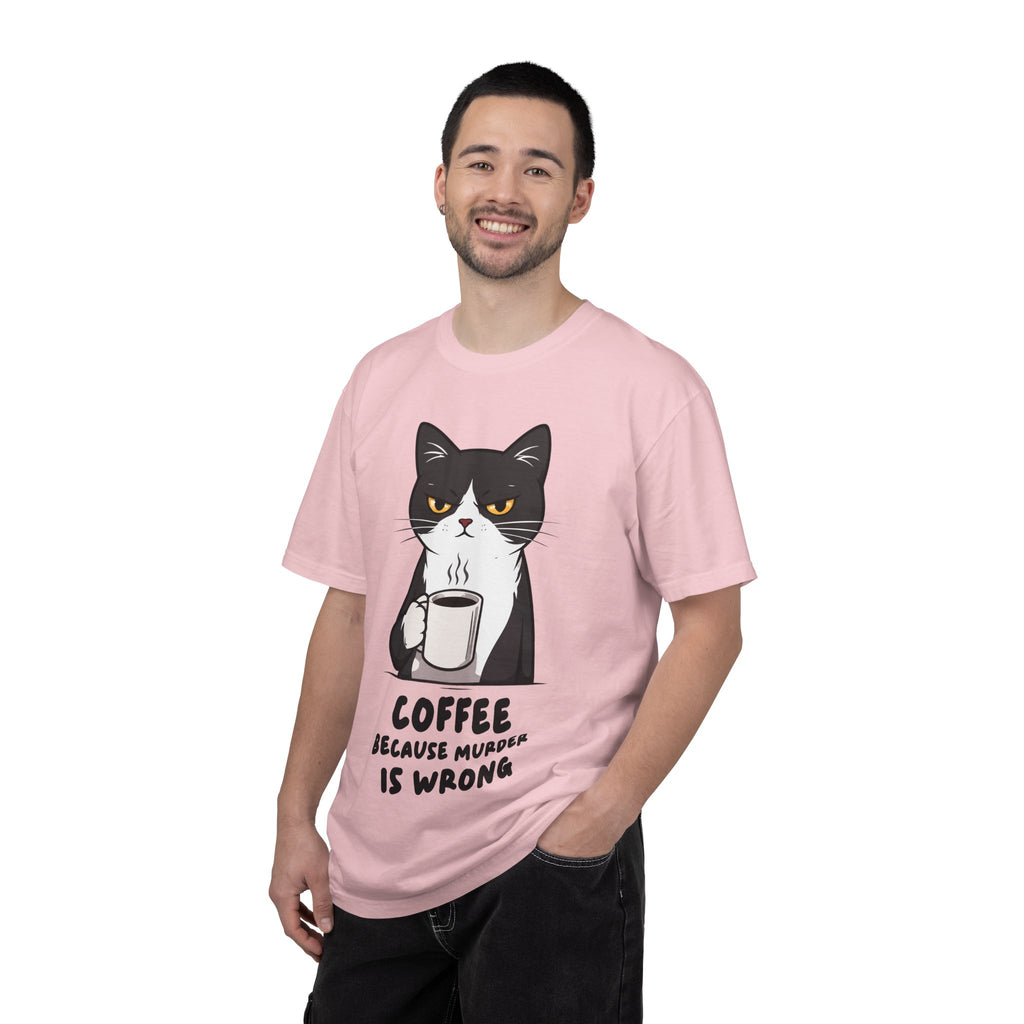 Funny Cat Coffee T-Shirt – “Coffee Because Murder Is Wrong” | Sarcastic Cat Lover Graphic Tee