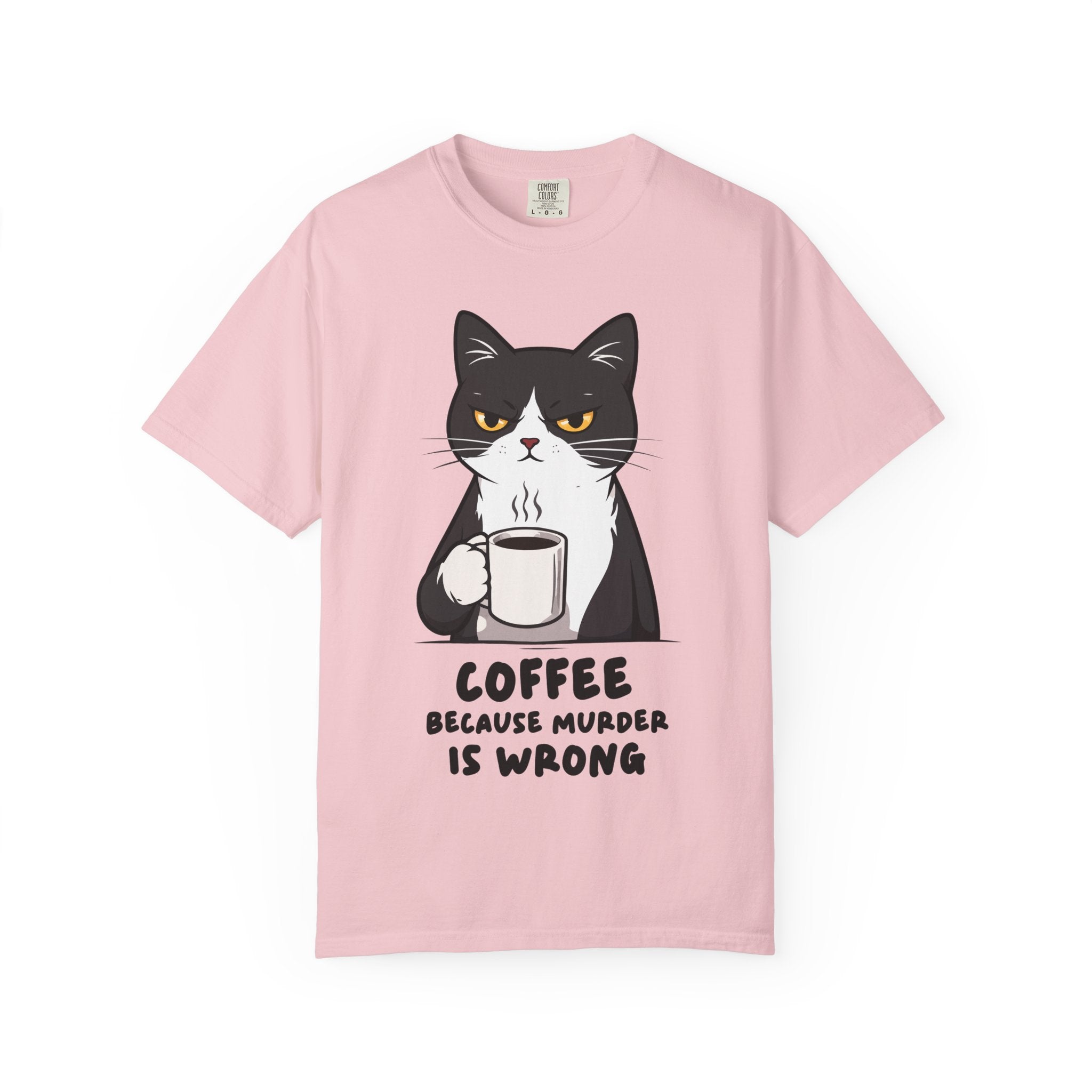 Funny Cat Coffee T-Shirt – “Coffee Because Murder Is Wrong” | Sarcastic Cat Lover Graphic Tee