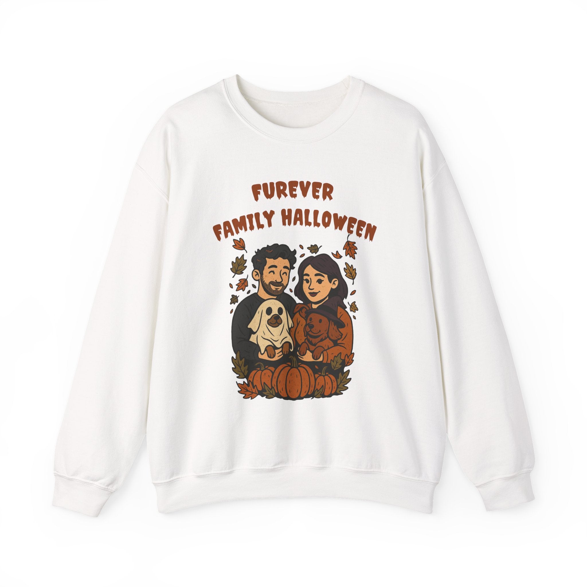 Halloween Family Sweatshirt — “Furever Family Halloween” Couple & Dog Pumpkin Crewneck