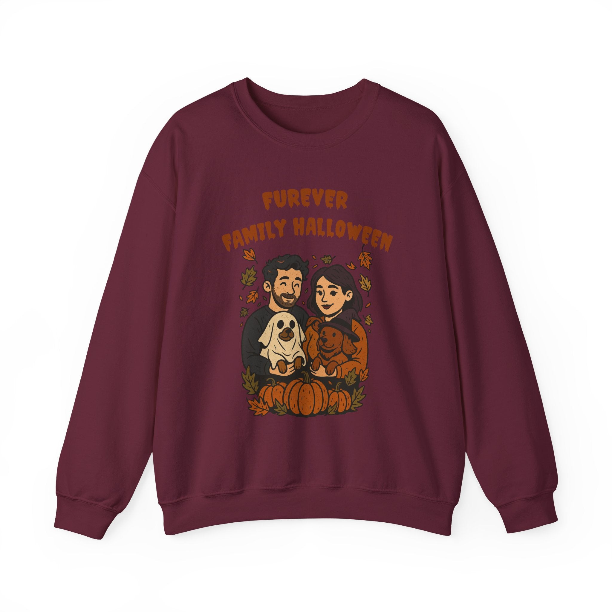 Halloween Family Sweatshirt — “Furever Family Halloween” Couple & Dog Pumpkin Crewneck