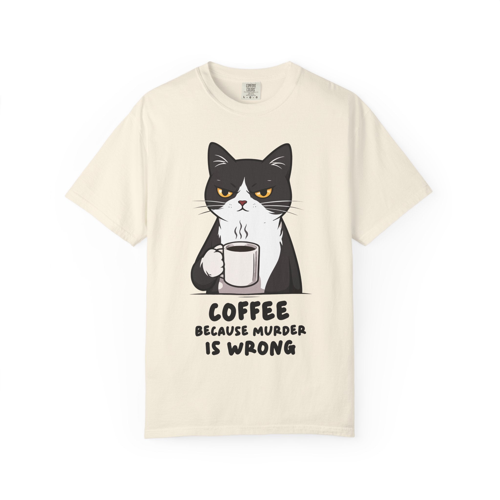 Funny Cat Coffee T-Shirt – “Coffee Because Murder Is Wrong” | Sarcastic Cat Lover Graphic Tee
