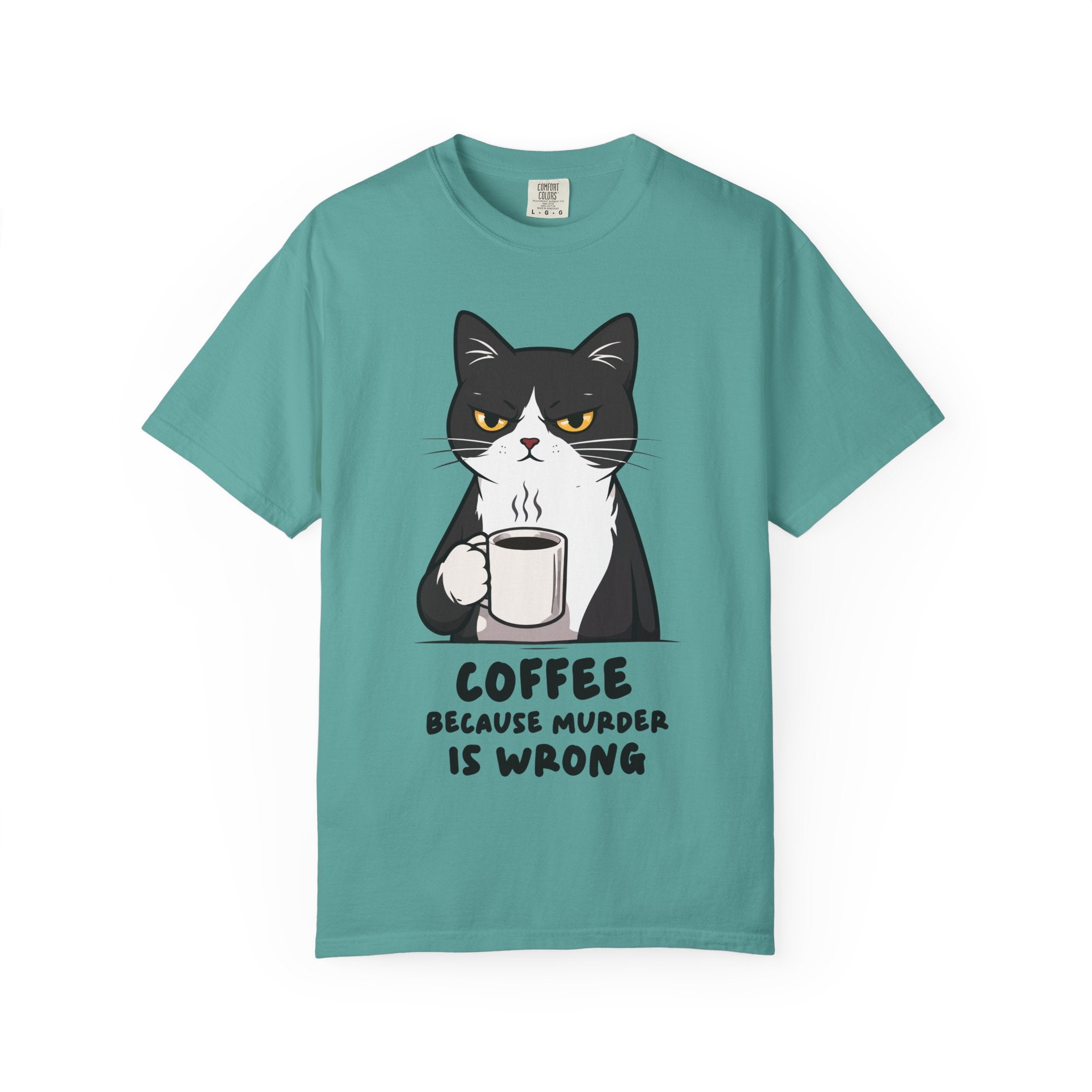 Funny Cat Coffee T-Shirt – “Coffee Because Murder Is Wrong” | Sarcastic Cat Lover Graphic Tee