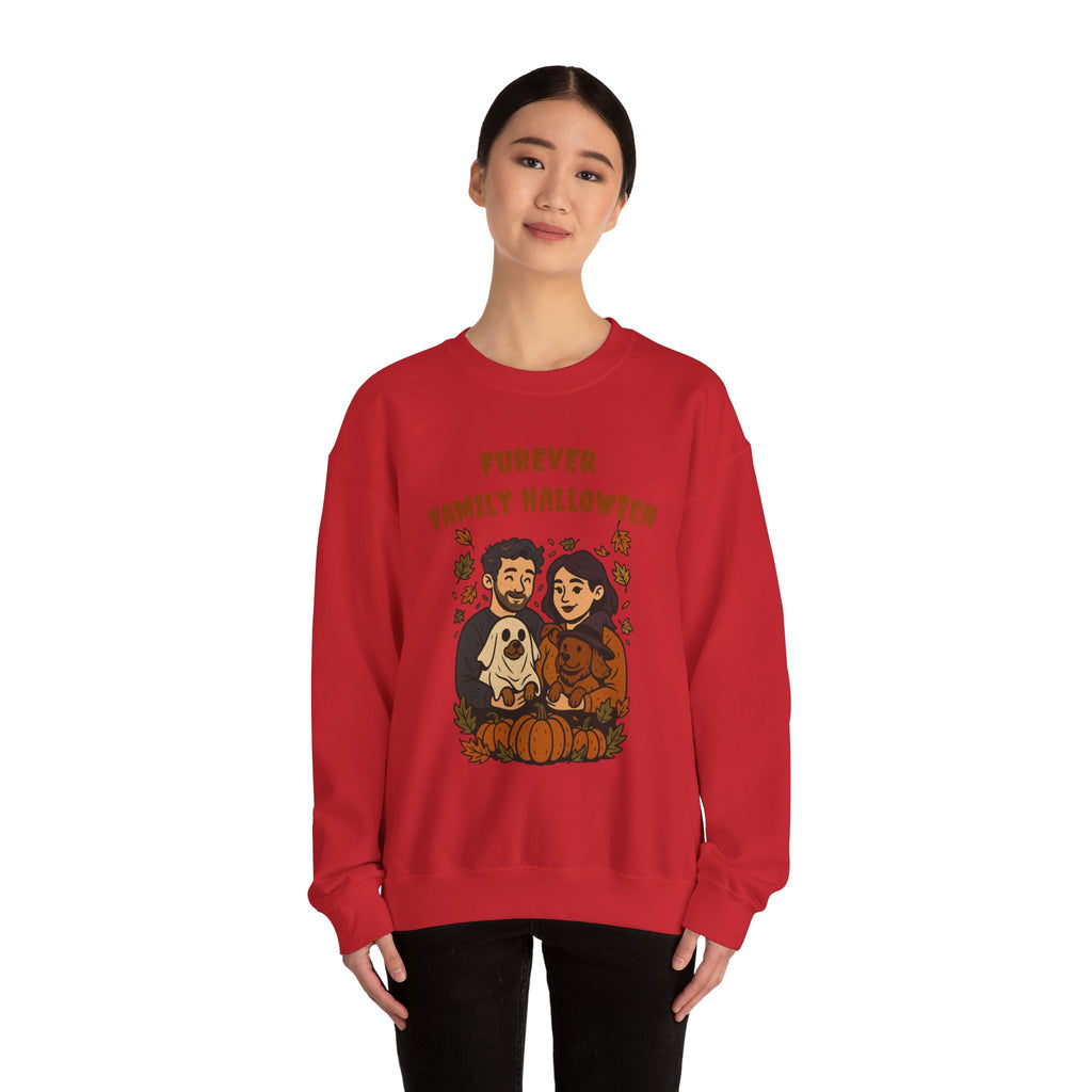 Halloween Family Sweatshirt — “Furever Family Halloween” Couple & Dog Pumpkin Crewneck